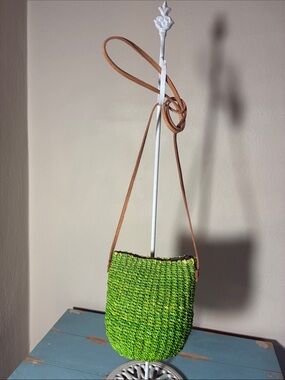 Sarah Stewart Straw Poof Green Crossbody with Tan Strap